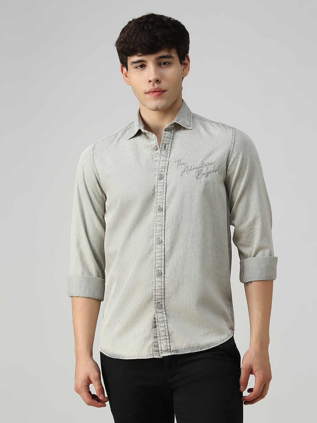 Men's Grey Solid Straight Fit Shirts