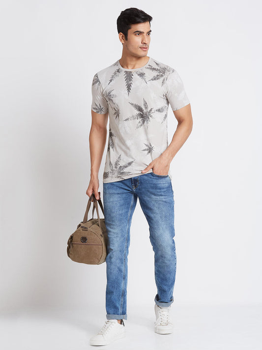 Killer Men Light Grey Floral Print Slim Fit Half Sleeve T-Shirts