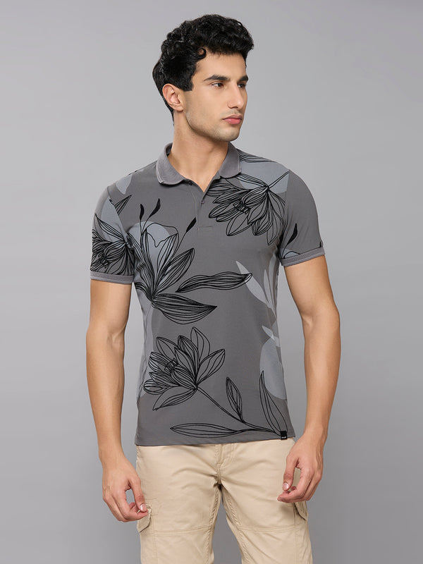 Men's Grey Printed Slim Fit T-Shirts