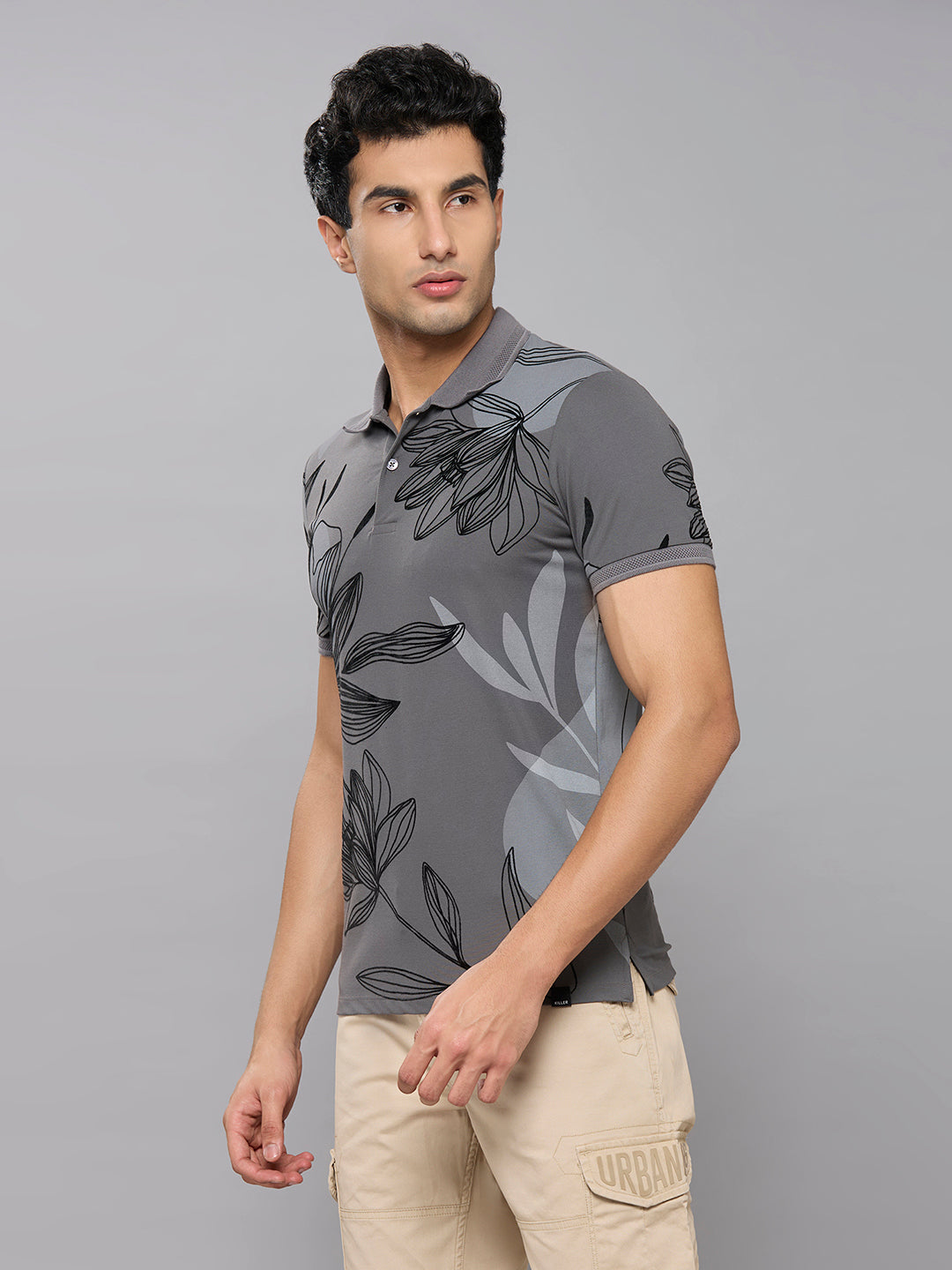 Men's Grey Printed Slim Fit T-Shirts
