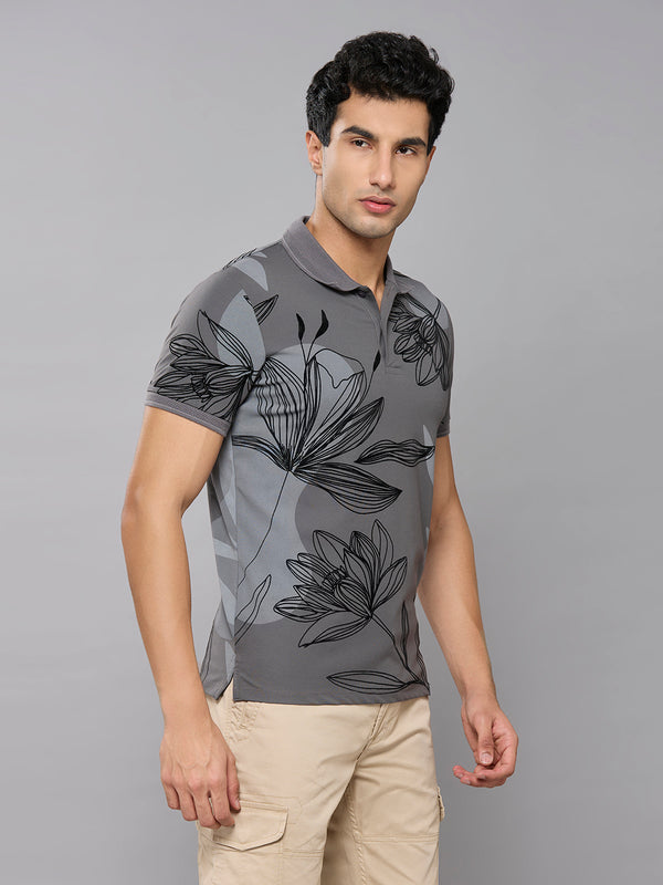Men's Grey Printed Slim Fit T-Shirts