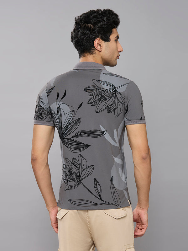 Men's Grey Printed Slim Fit T-Shirts
