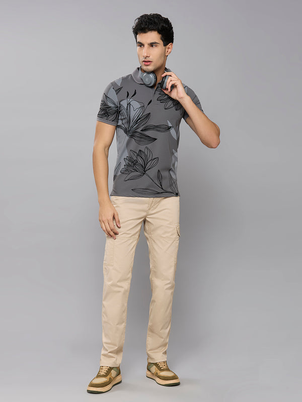 Men's Grey Printed Slim Fit T-Shirts