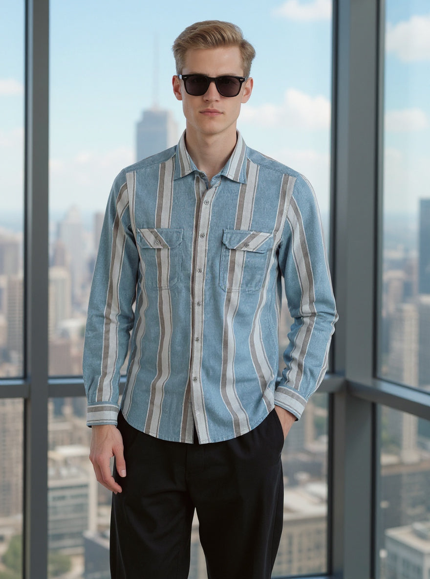 Lawman Full Sleeve Slender Fit Stripe Shirt - Sea Blue