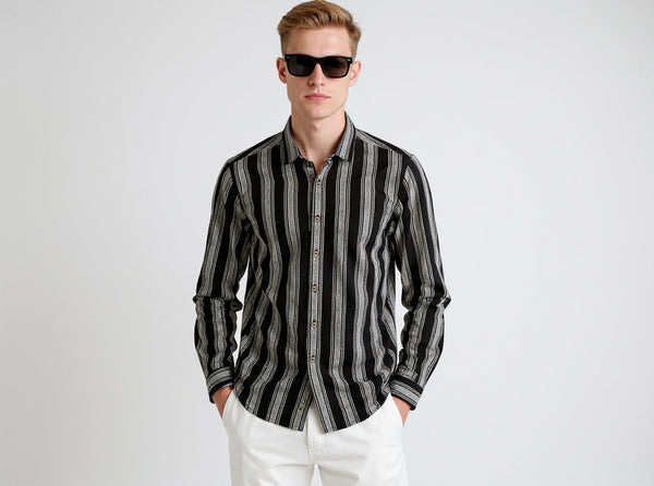Lawman Full Sleeve Slender Fit Stripe Shirt - Black