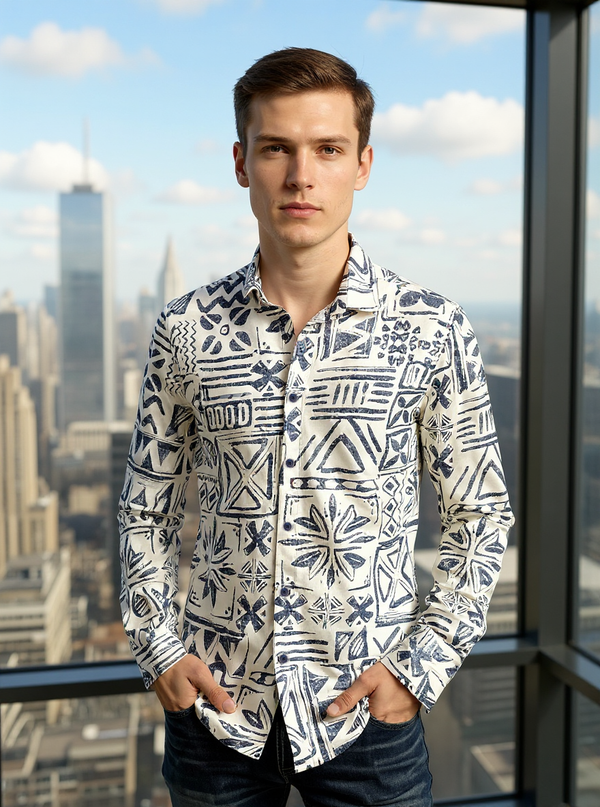 Full Sleeve Print White Blue