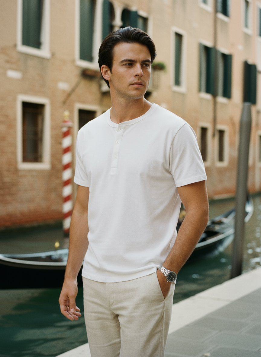 Cotton 210 Gsm-White Henley T-shirt