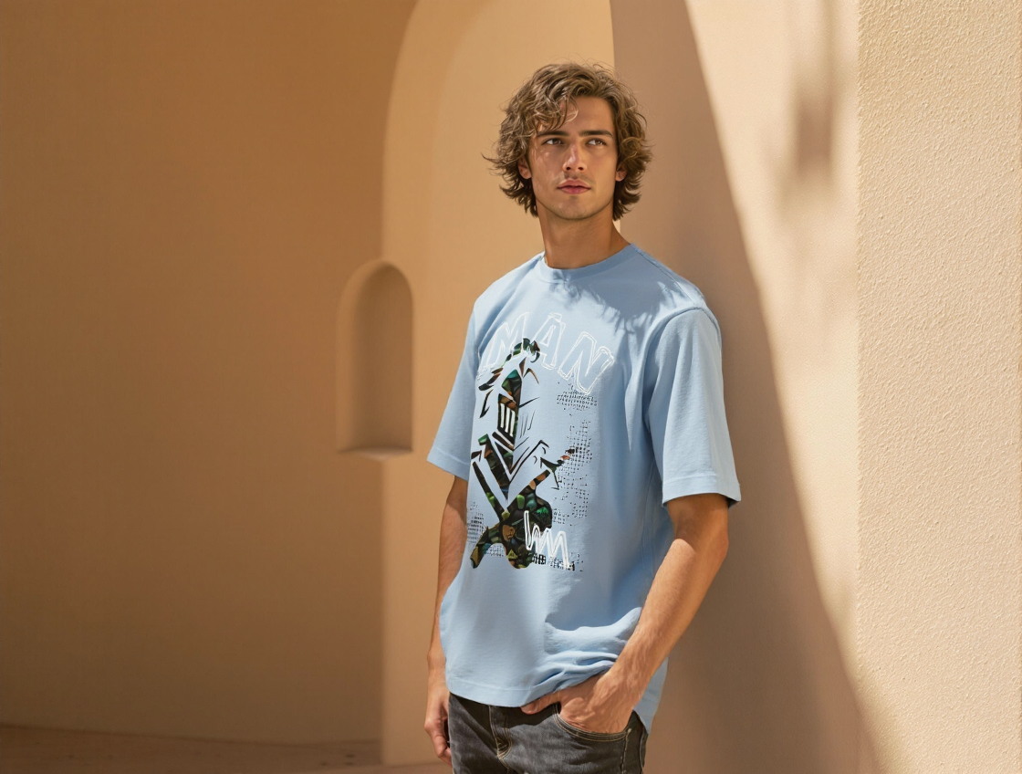 OVERSIZED FIT  GRAPHIC T-SHIRT-SKY BLUE