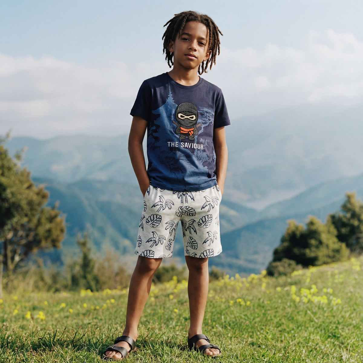 Kid's Ecru Melange Printed Shorts