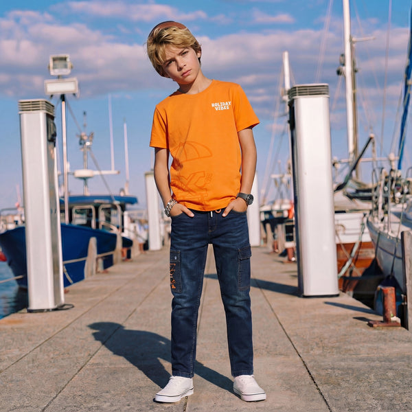 Kid's Orange Slim Fit Printed T-Shirts