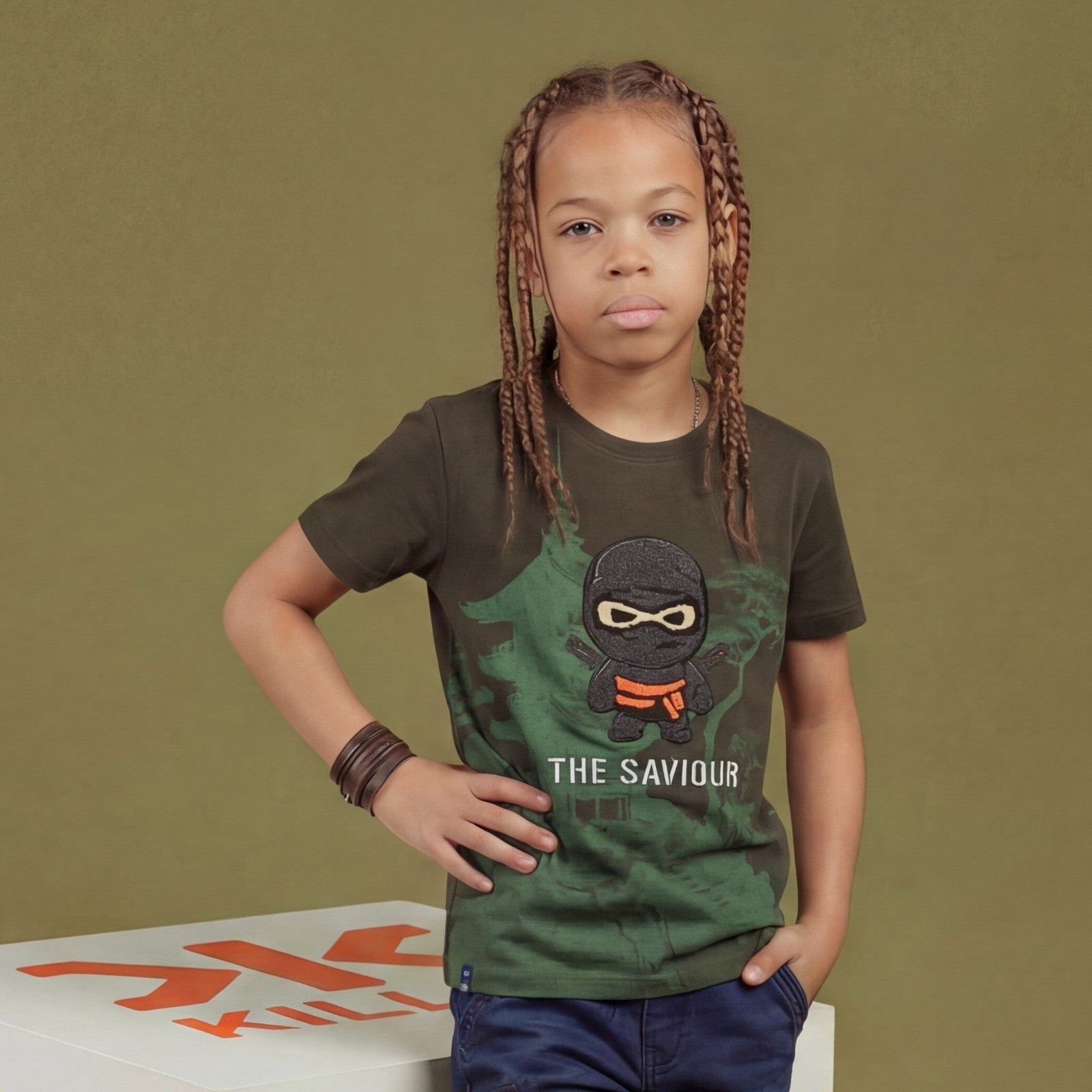 Kid's Olive Slim Fit Printed T-Shirts