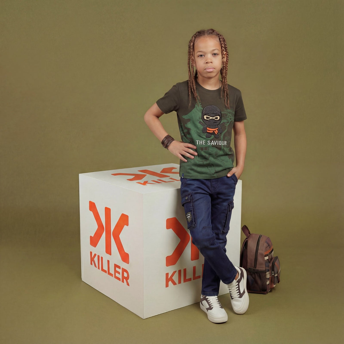 Kid's Olive Slim Fit Printed T-Shirts