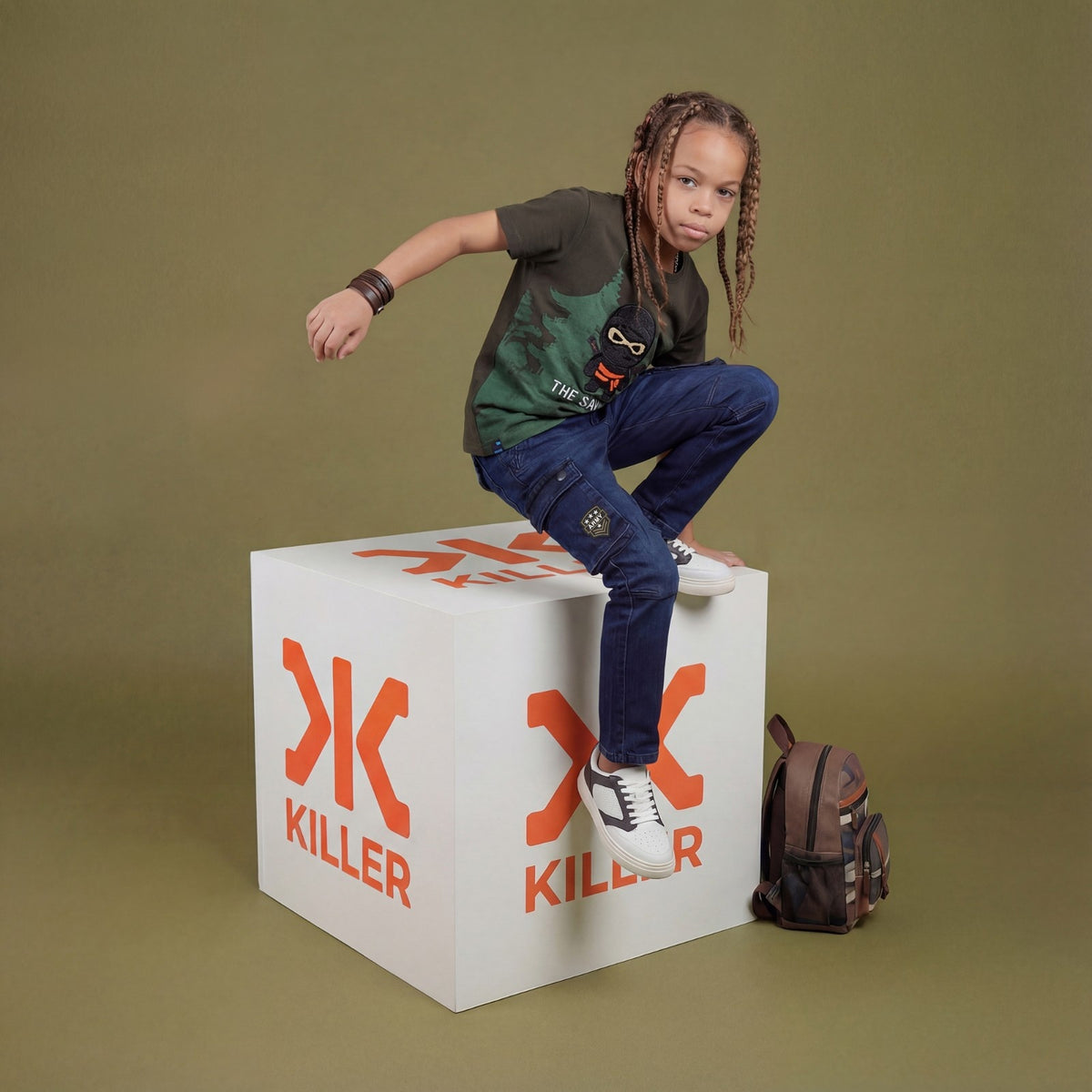 Kid's Olive Slim Fit Printed T-Shirts